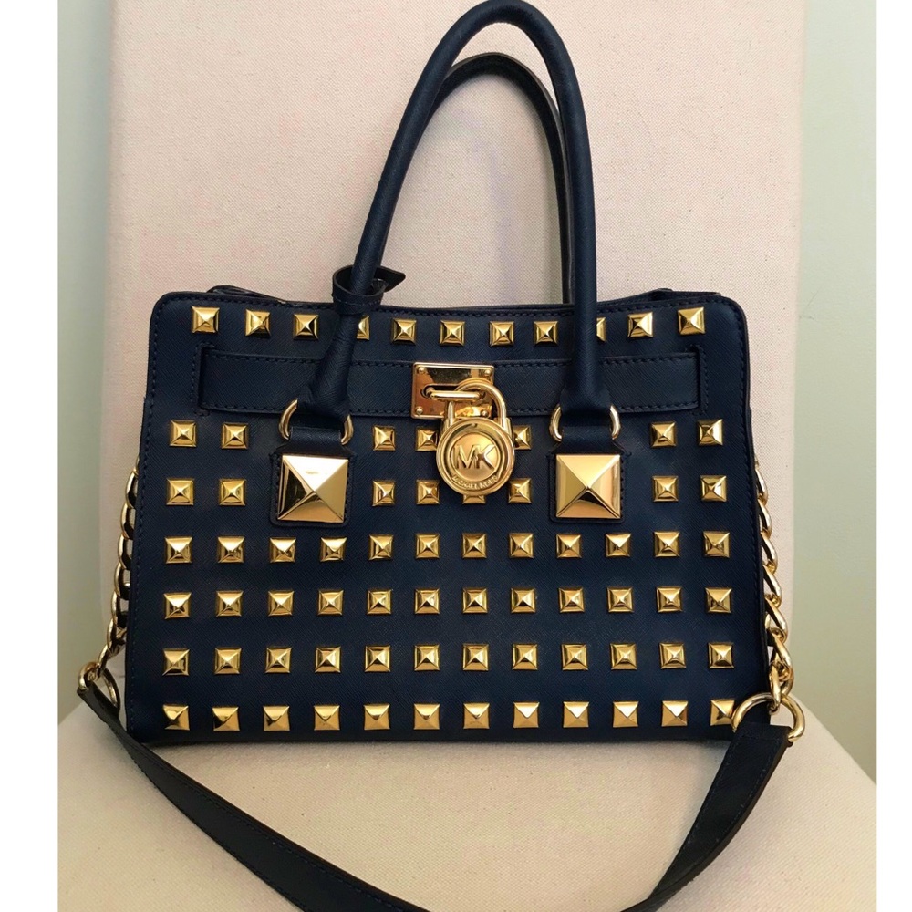 Navy blue gold studded Michael Kors purse